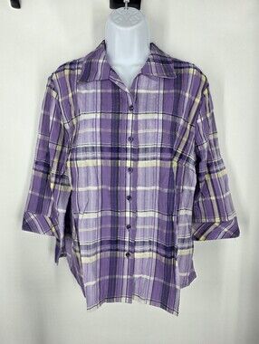 Kim Rogers Petite Plaid Button Up Shirt 12P Purple Yellow 3/4 Sleeve Blouse NWT